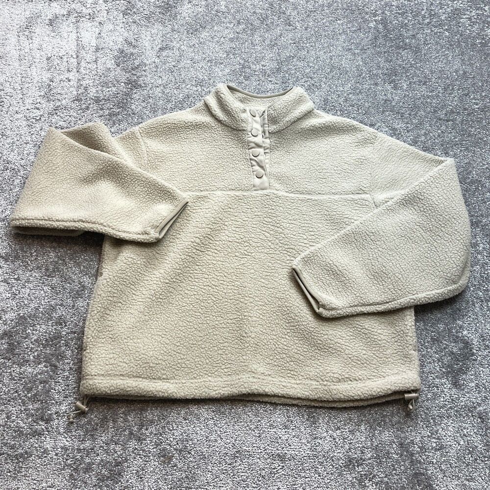 Primark Sherpa 1/4 Snap Button Jacket Sweatshirt Beige Womens Medium 12-14 Soft